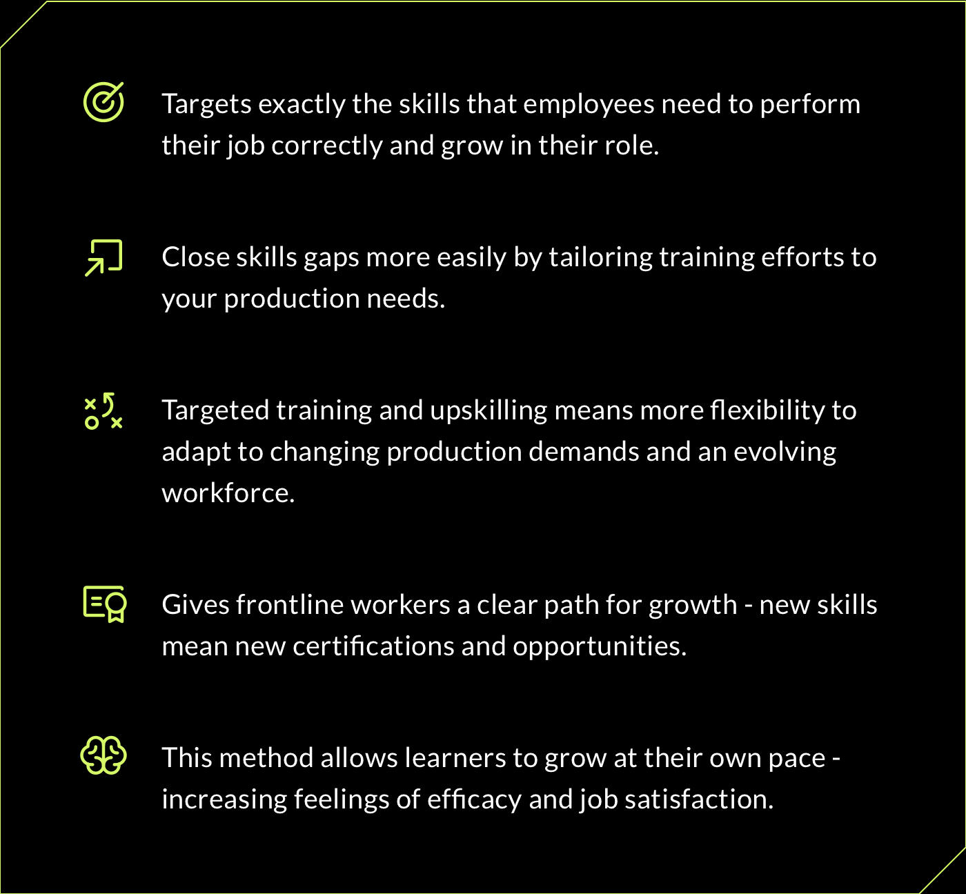 Targets exactly the skills that employees need to perform their job correctly and grow in their role. Close skills gaps more easily by tailoring training efforts to your production needs. Targeted training and upskilling means more flexibility to adapt to changing production demands and an evolving workforce. Gives frontline workers a clear path for growth - new skills mean new certifications and opportunities. This method allows learners to grow at their own pace - increasing feelings of efficacy and job satisfaction.